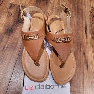 Liz Claiborne Tan Leather T-Strap Sandals with Gold Accent